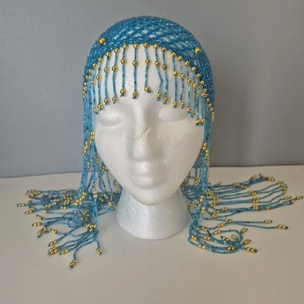 Egyptian Cleopatra Flapper Turquoise Gold Beaded Crochet Head Cap Costume Piece